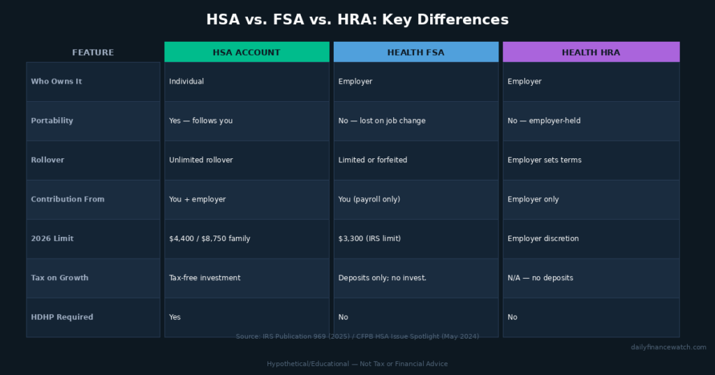 comparison table showing differences between HSA flexible spending account and health reimbursement arrangement
