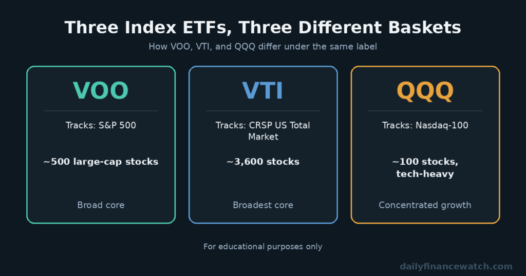 Compare how each index ETF tracks a different market index and holds a different number of stocks