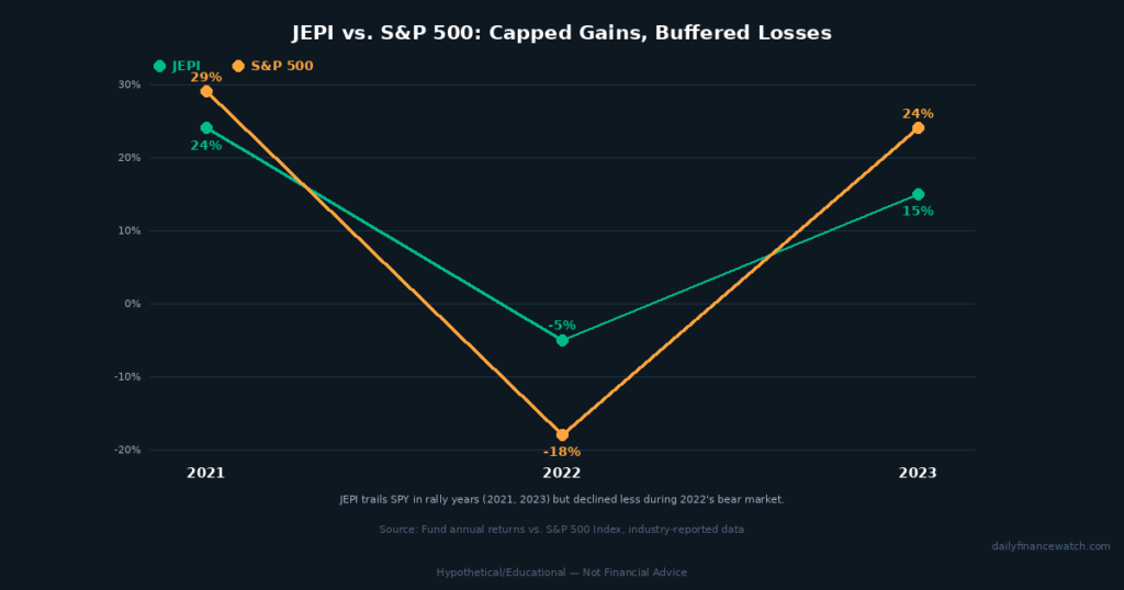 slope chart comparing covered call JEPI returns versus S&P 500 across 2021 to 2023