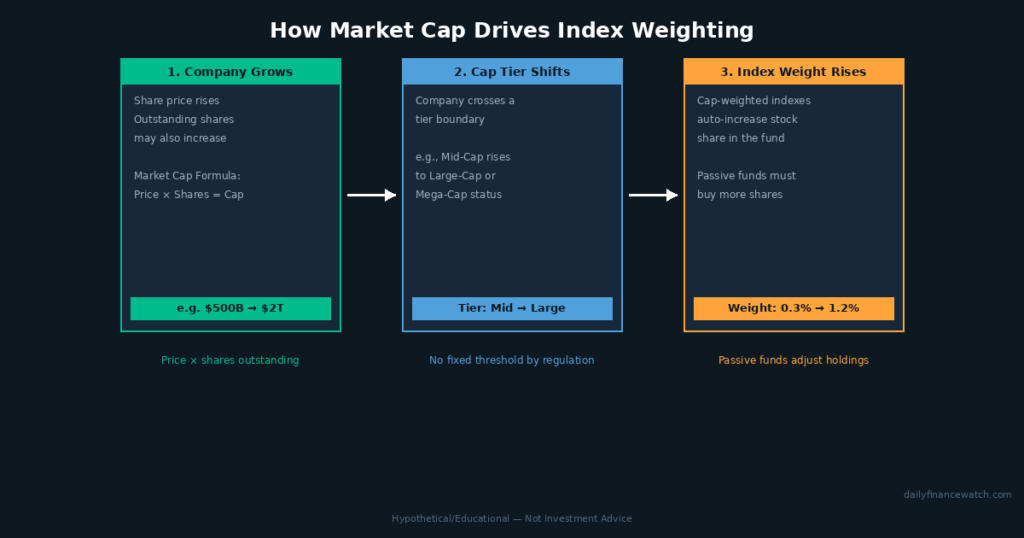 diagram showing how rising market cap increases a stock's weight in a cap-weighted index