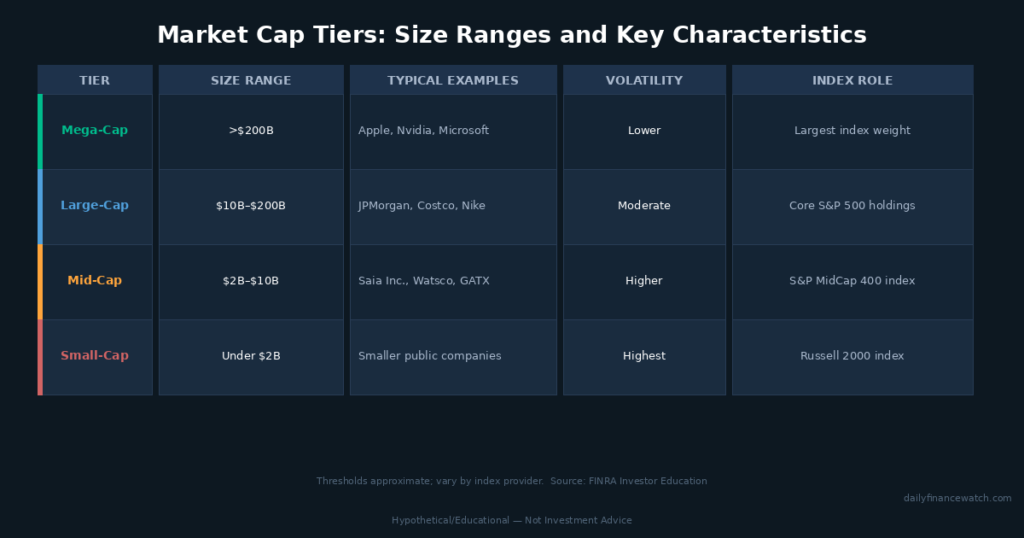 market cap tier comparison table showing mega cap large cap mid cap and small cap size ranges