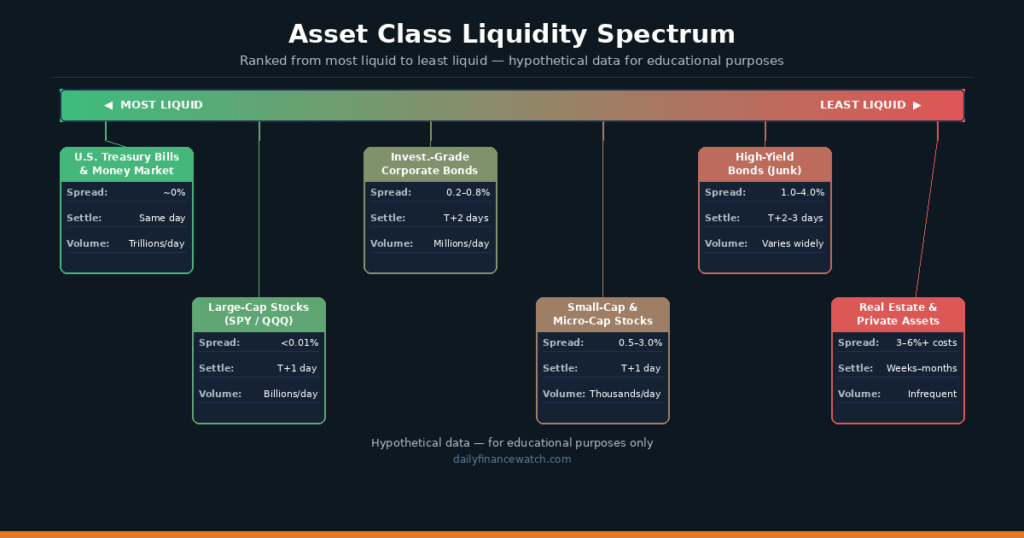 Asset class liquidity spectrum diagram ranking stocks bonds real estate and cash by ease of sale and transaction cost