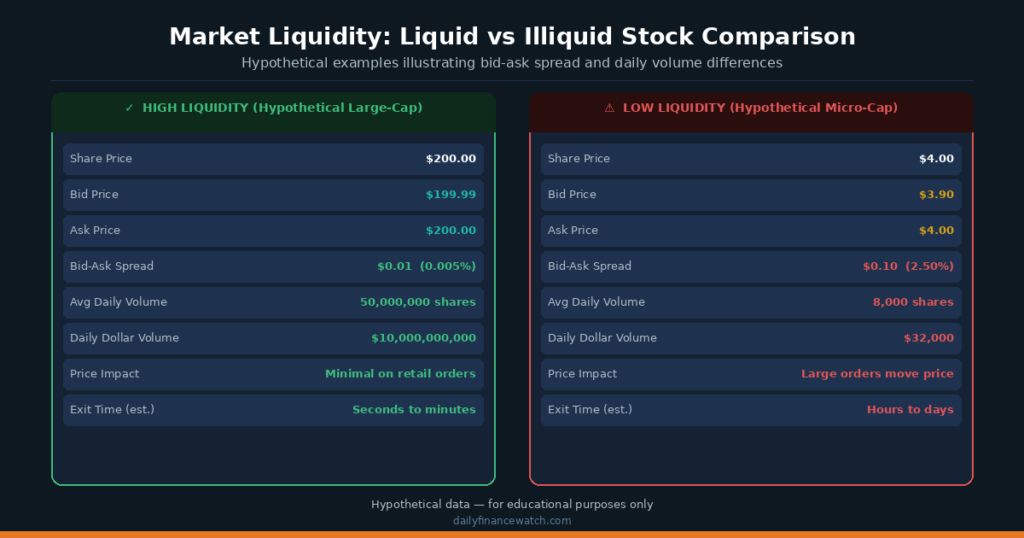 Market liquidity comparison chart showing bid ask spread and trading volume differences between liquid and illiquid stocks