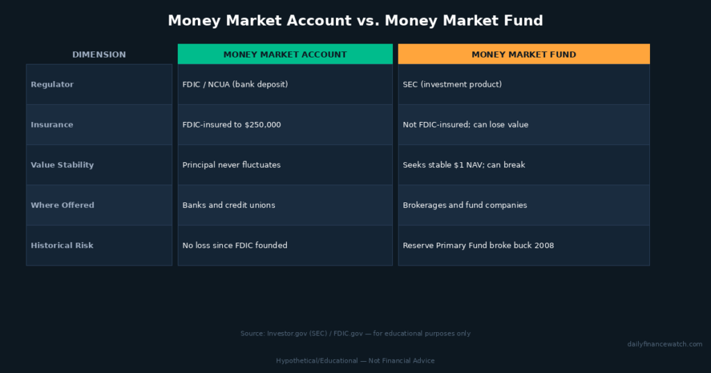 money market account vs money market fund comparison showing FDIC insurance and risk differences