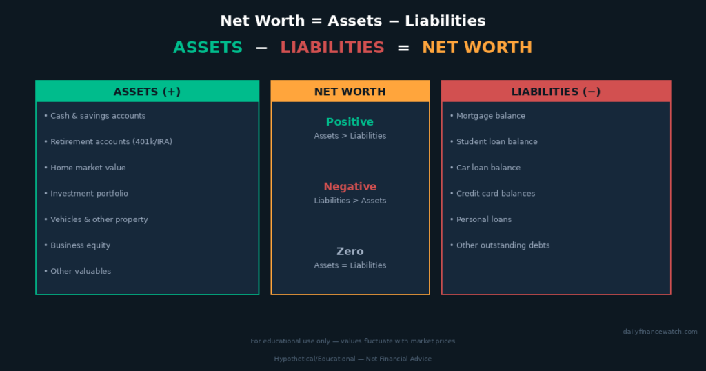 net worth formula diagram showing assets minus liabilities with examples of each category