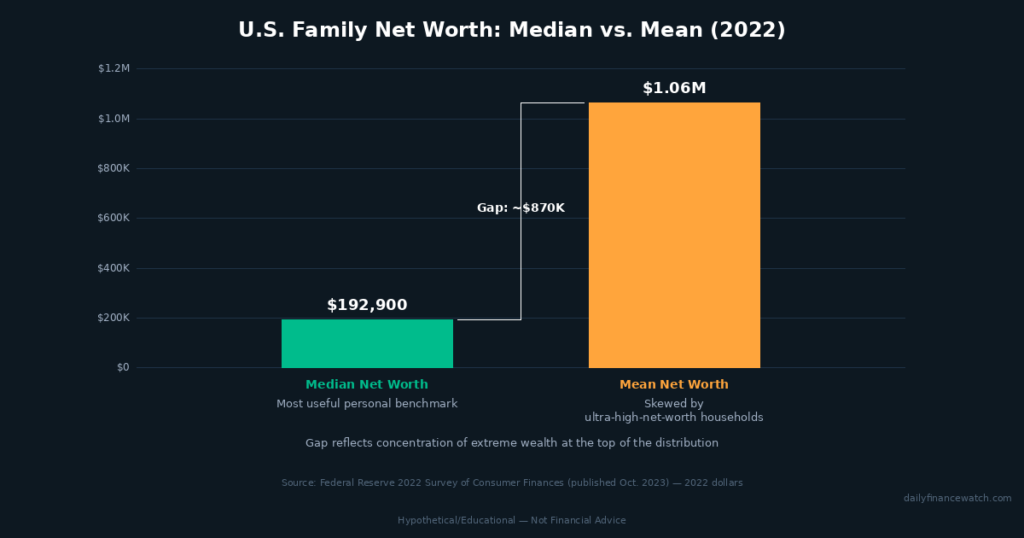 bar chart comparing U.S. median and mean net worth from Federal Reserve 2022 Survey of Consumer Finances