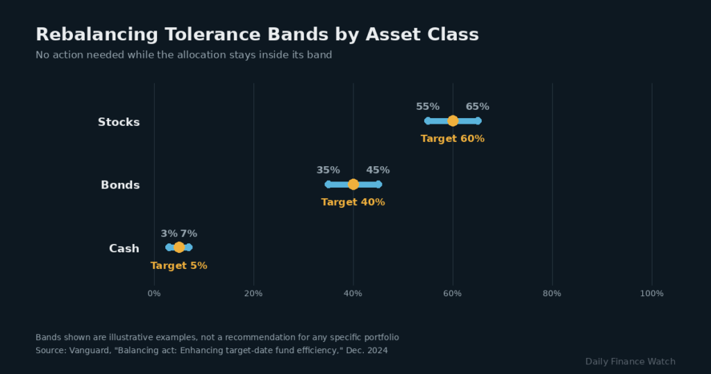 Chart showing tolerance bands and target percentages for stocks, bonds, and cash