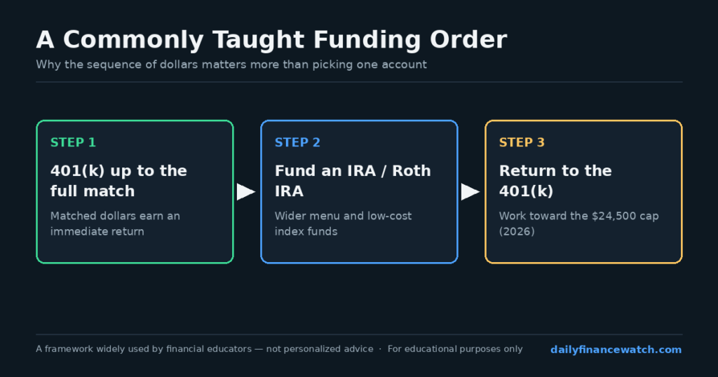 Flowchart showing a three-step funding sequence from employer match to IRA and back to workplace pla