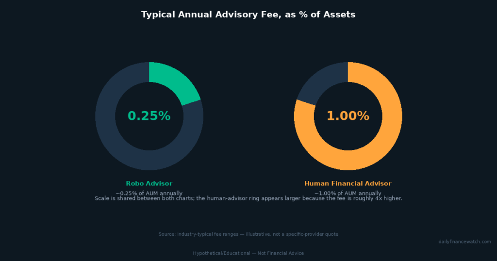 robo advisor fee comparison donut chart showing 0.25 percent versus 1 percent human advisor fee