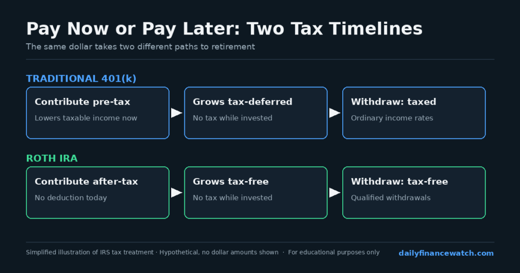Diagram comparing pre-tax and after-tax money flow through contribution, growth, and withdrawal stages