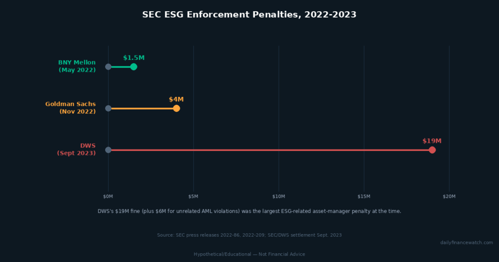 range chart showing ESG investing SEC enforcement penalty amounts BNY Mellon Goldman DWS