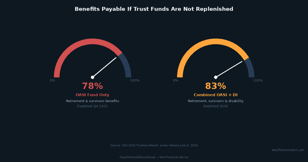 social security gauge chart showing 78 and 83 percent of benefits payable after trust fund depletion