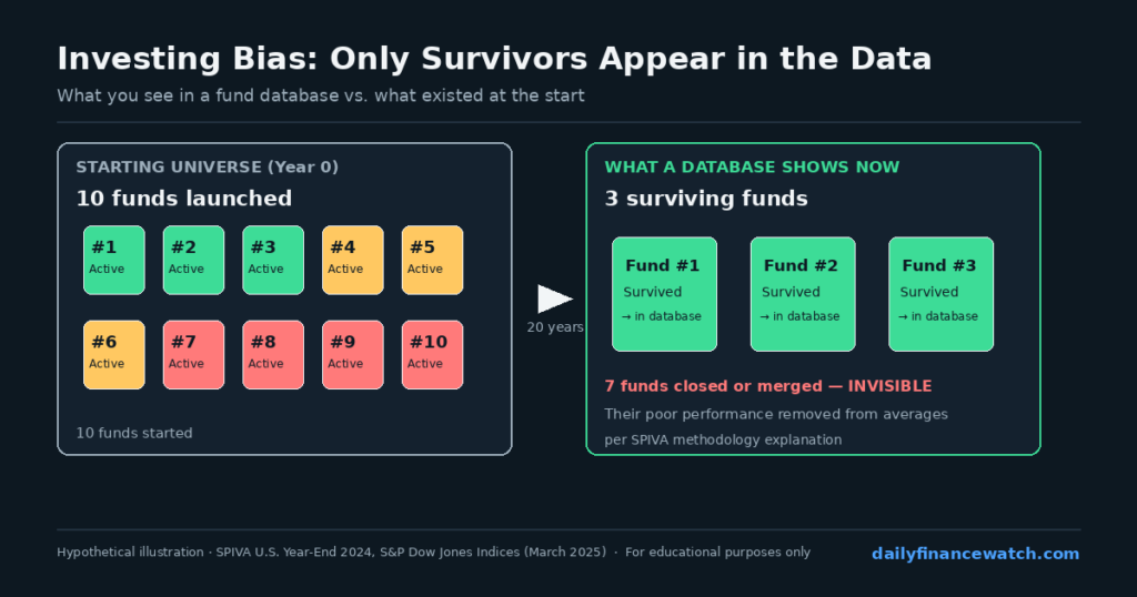 Diagram showing investing bias survivorship effect where failed funds disappear and only winners remain visible