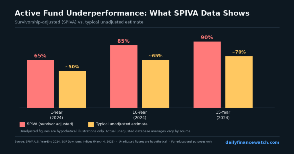Bar chart comparing active fund underperformance rates across time horizons with survivorship adjusted data
