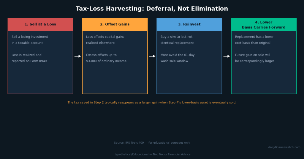 tax loss harvesting mechanism diagram showing four steps from selling at a loss to lower cost basis
