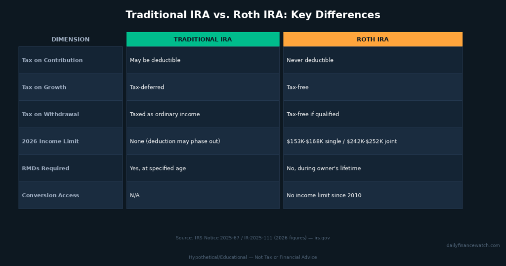 traditional IRA vs Roth IRA comparison table showing tax treatment and contribution rules