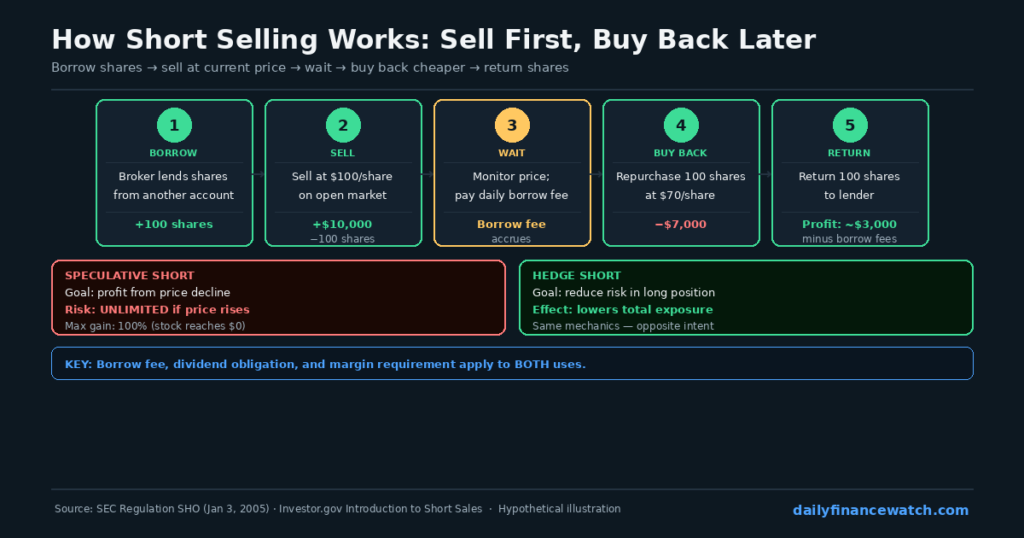 Short selling mechanics diagram showing five steps from borrowing shares through returning shares with profit or loss