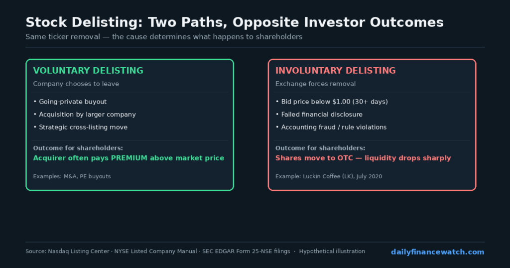 Stock delisting comparison diagram showing voluntary and involuntary paths with hypothetical company examples